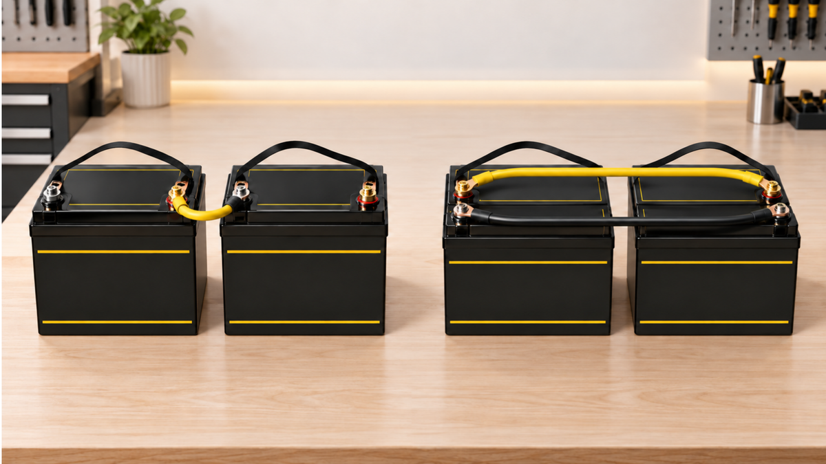 Two LiFePO4 batteries wired in series beside two LiFePO4 batteries wired in parallel on a workbench